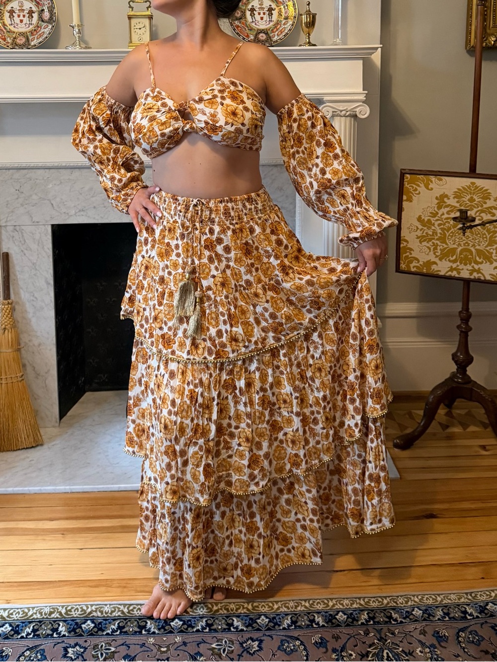 Bohemian Tiered Maxi Skirt in Mustard Floral
